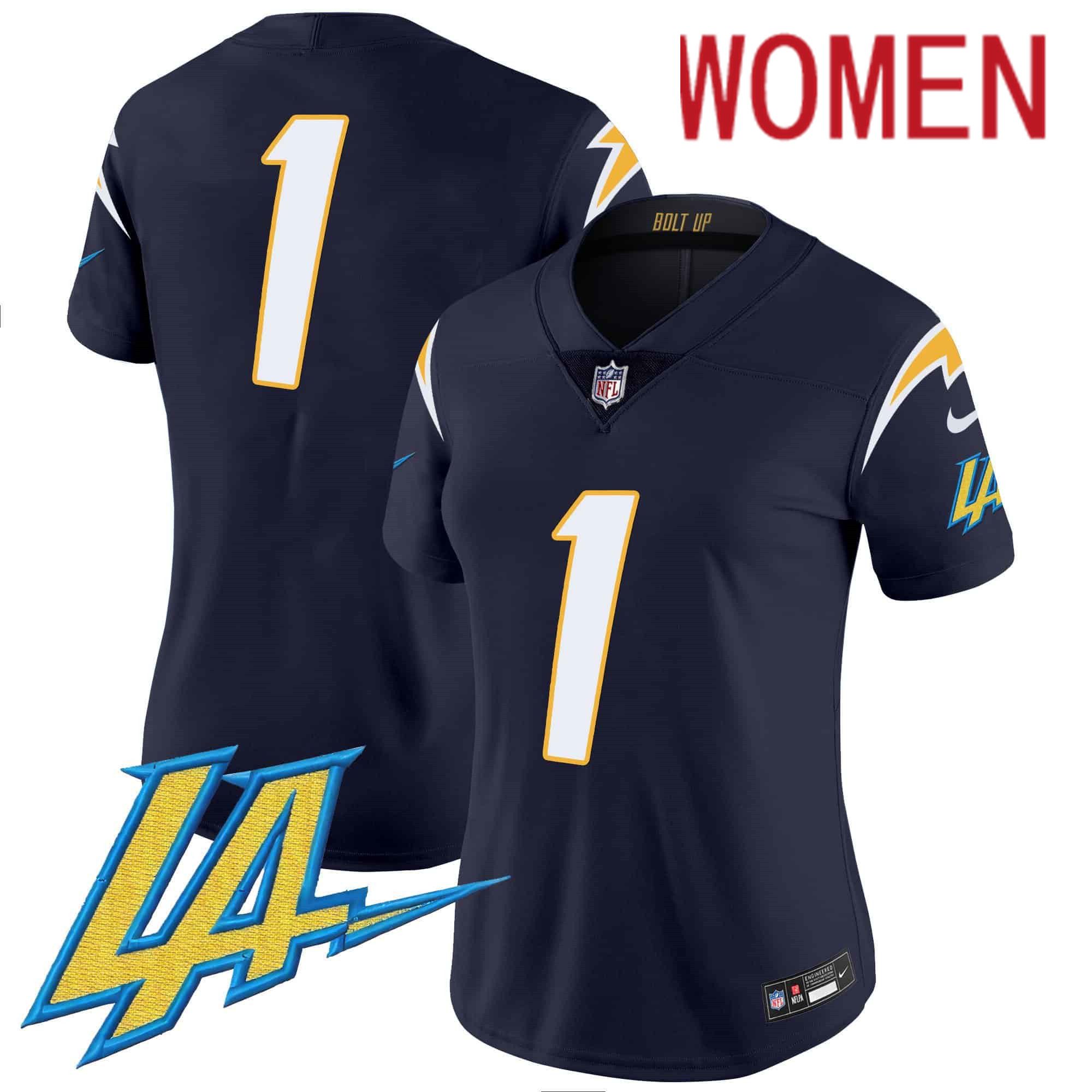 Women Los Angeles Chargers 1 No Name Drak Blue 2024 Nike Vapor Limited NFL Jersey style 1